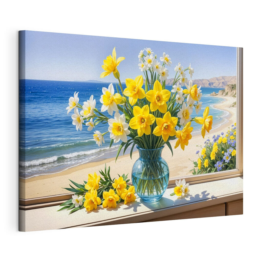 Narcisos e mar azul, tela esticada e borda contínua