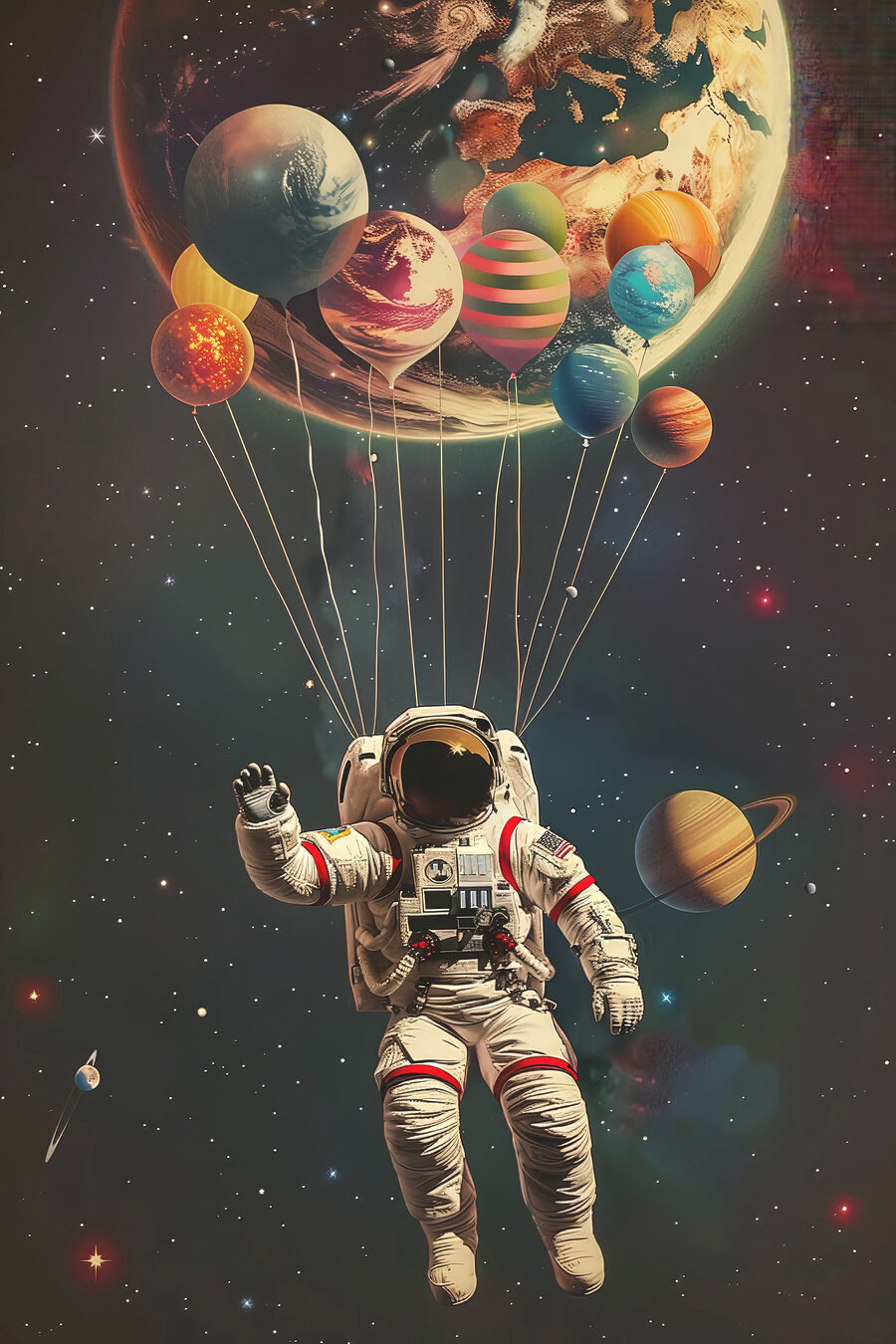 Astronauta com balões planetários — design completo