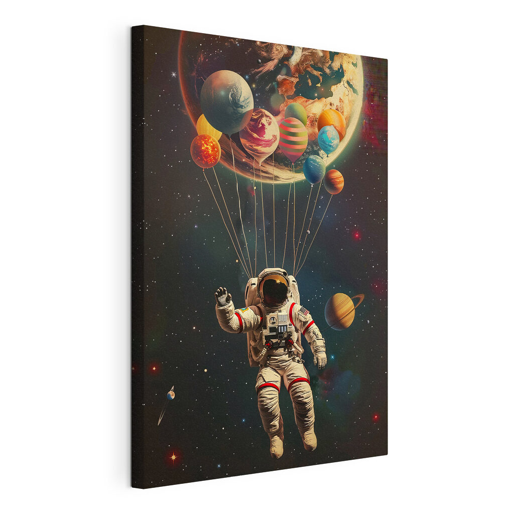 Astronauta com balões planetários, tela esticada e borda contínua