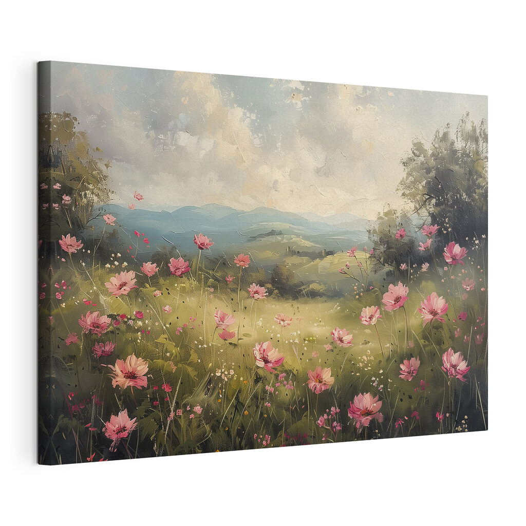 Vale cor-de-rosa sob nuvens, tela esticada e borda contínua