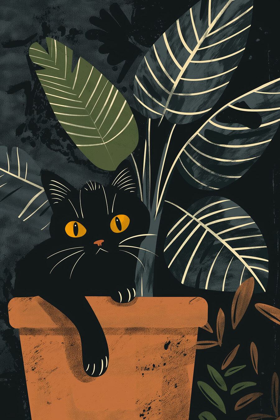 Gato preto entre folhas — design completo