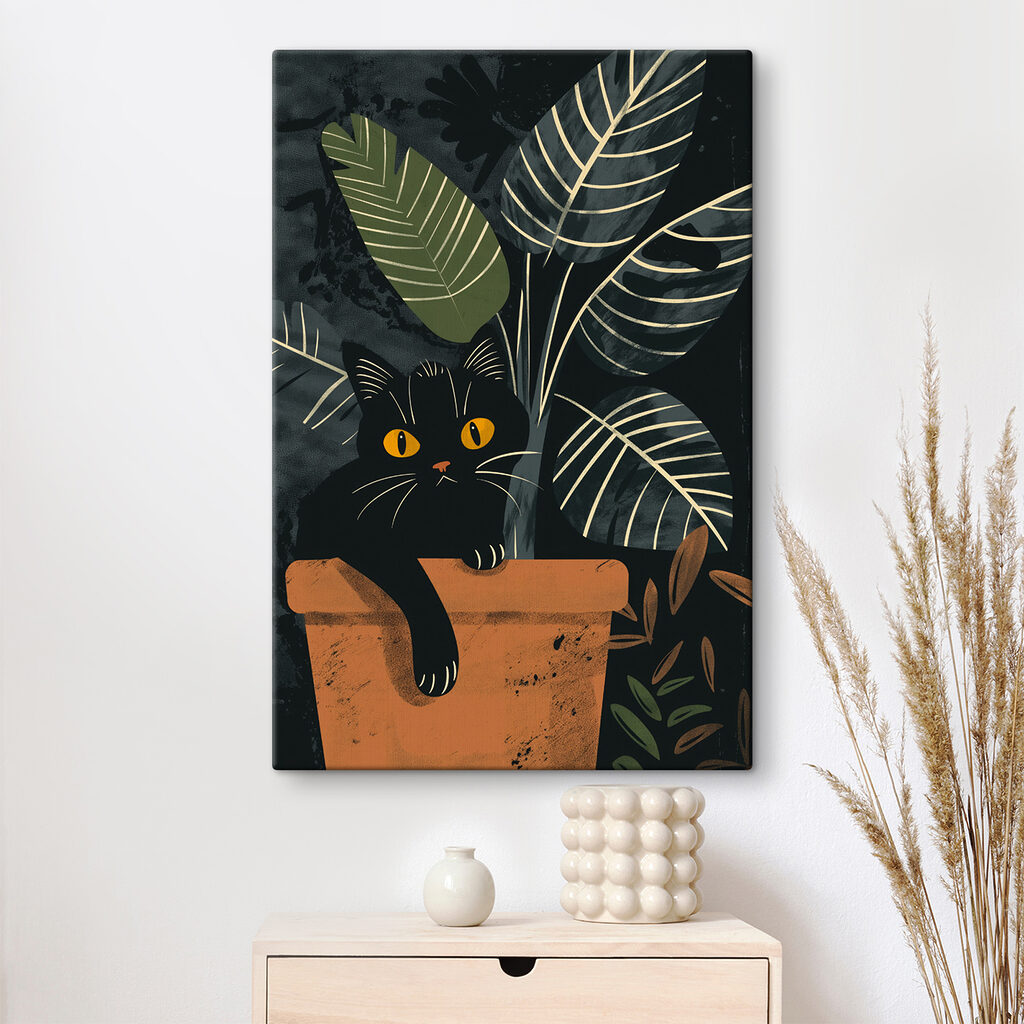 Gato preto entre folhas — interior 1