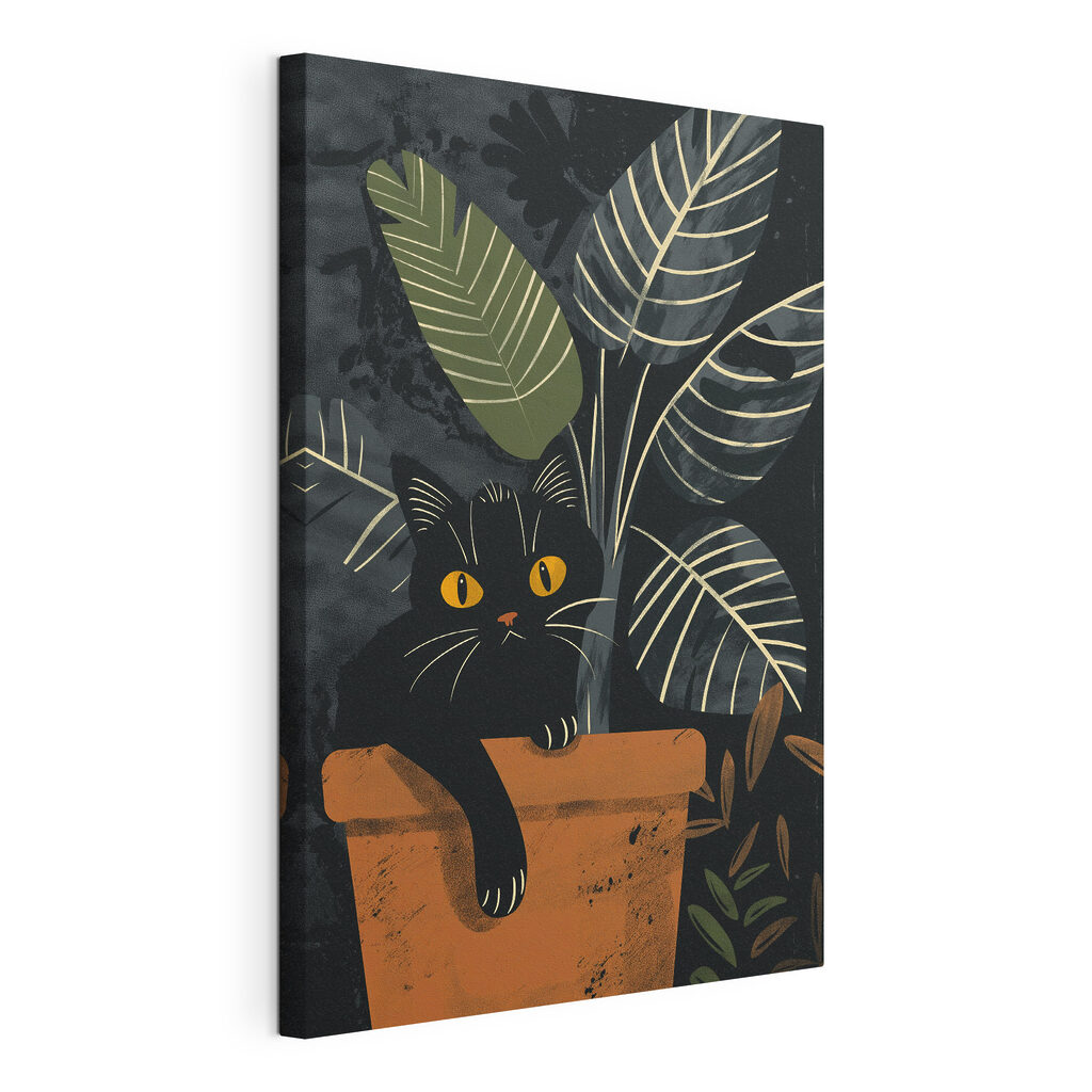 Gato preto entre folhas, tela esticada e borda contínua