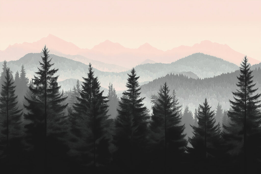 Pinheiros e céu rosa — design completo