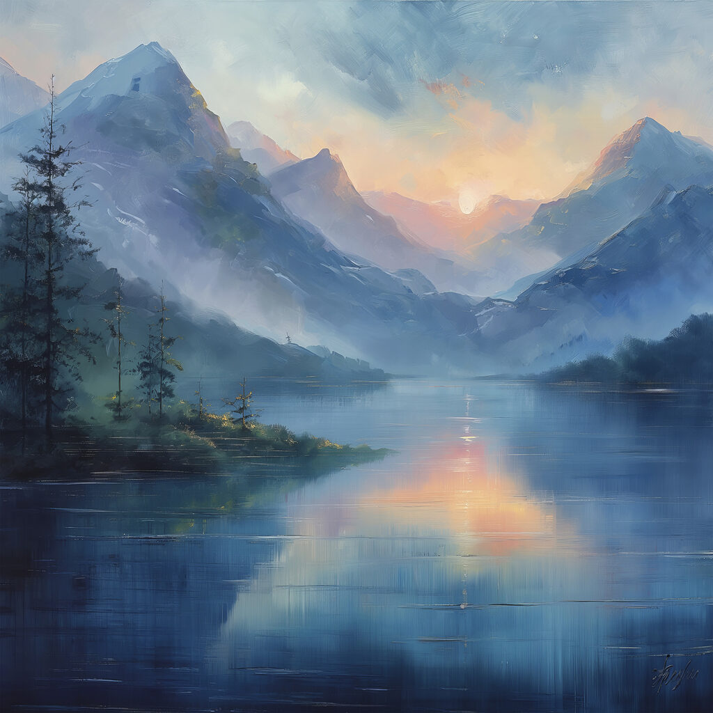 Lago azul ao entardecer — design completo