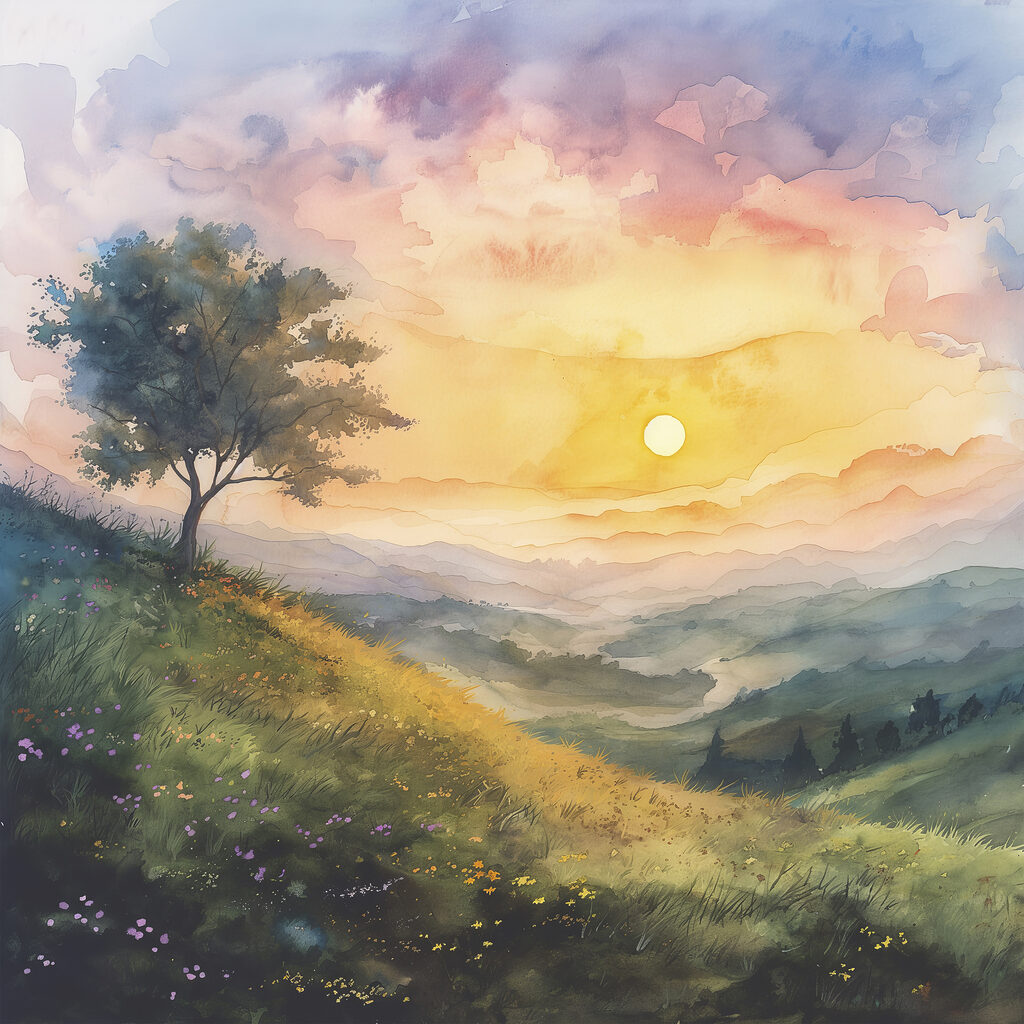 Árvore sob sol matinal — design completo