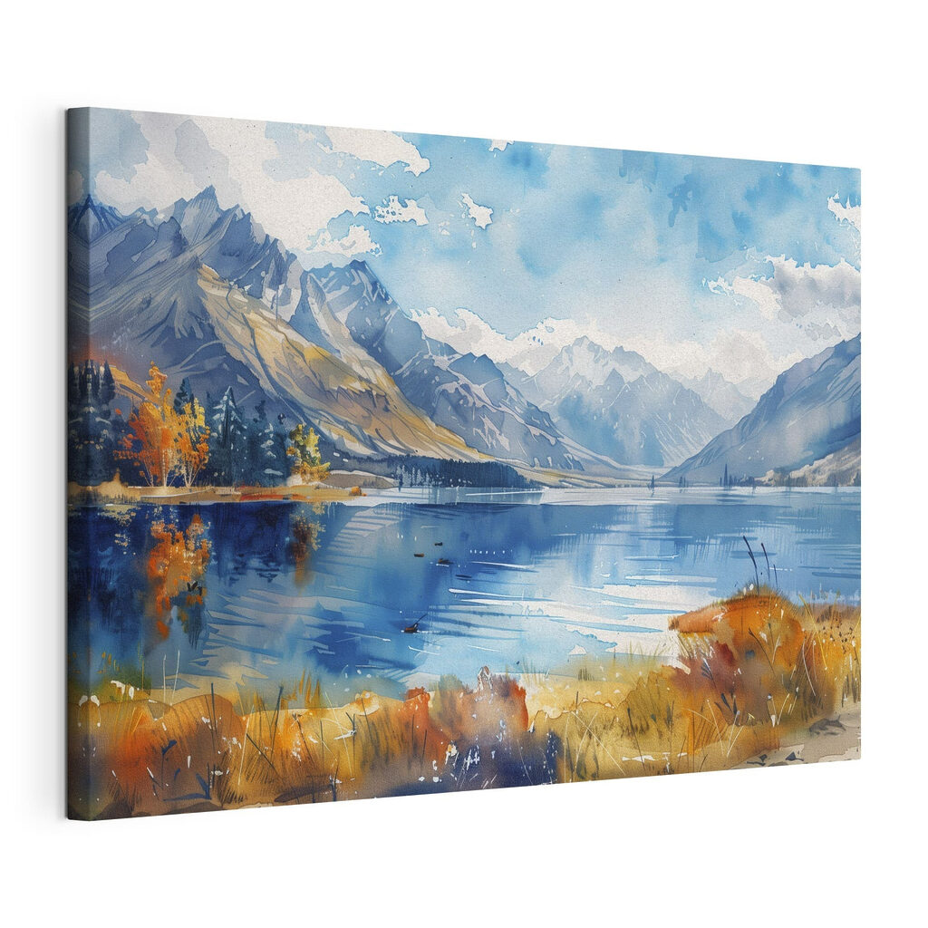 Lago de montanha outonal, tela esticada e borda contínua