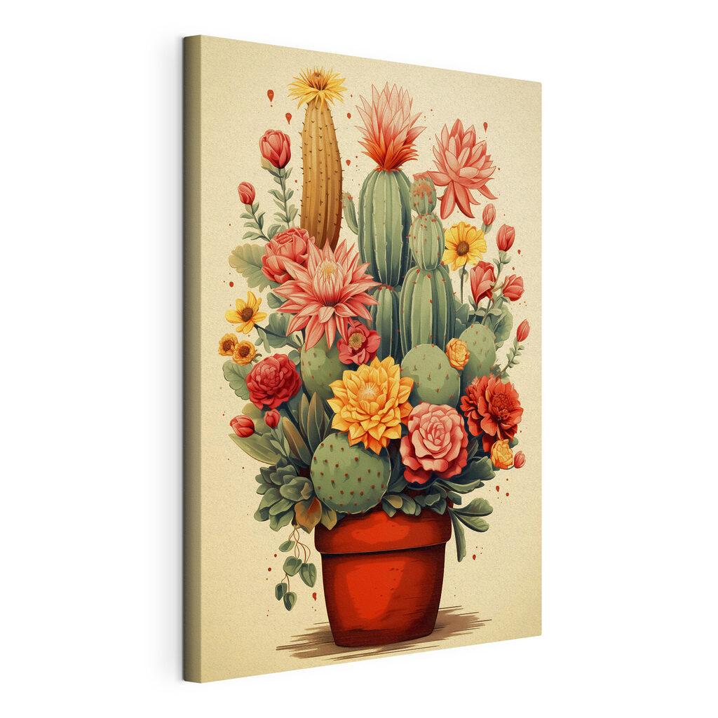 Vaso de cactos floridos, tela esticada e borda contínua