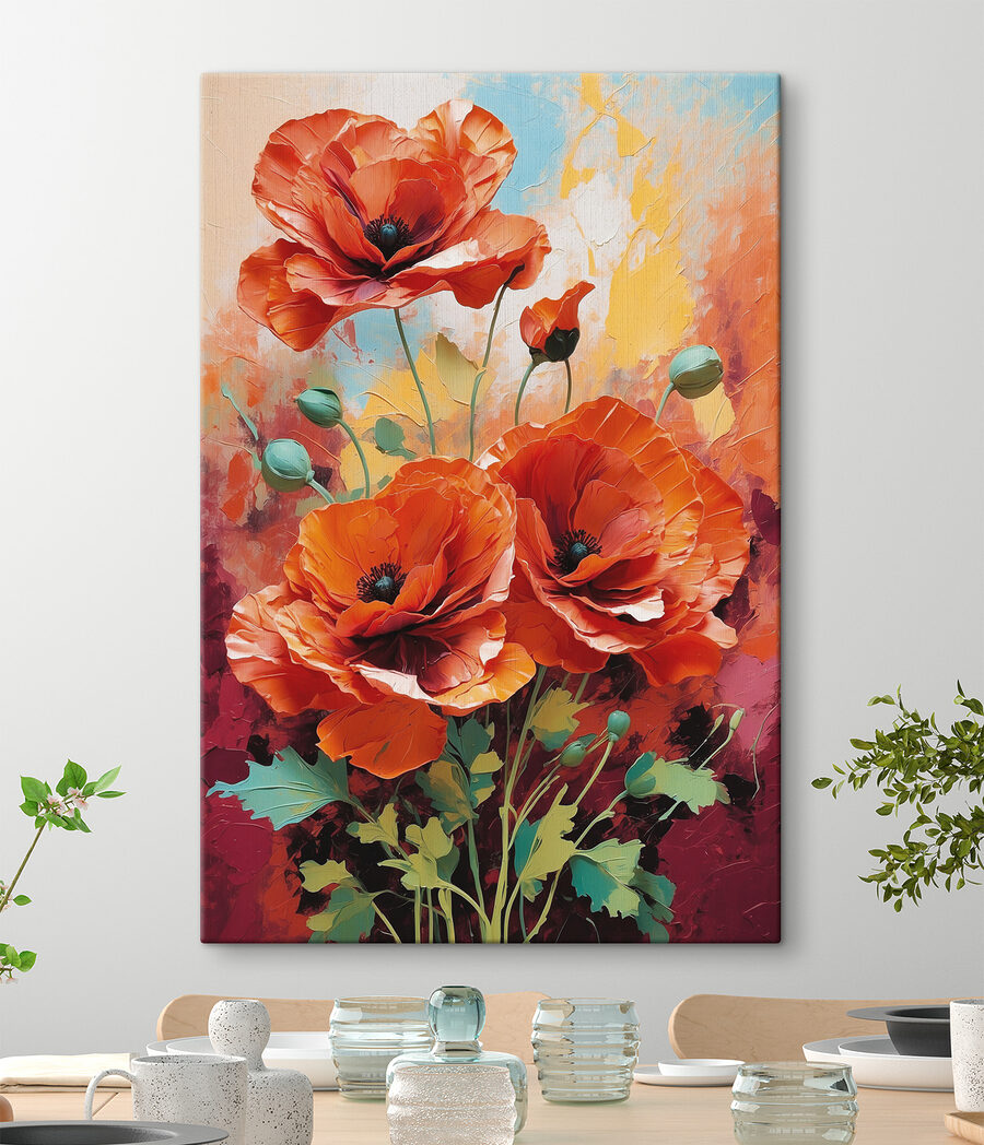 Papoilas laranja sobre vermelho-vinho — interior 1