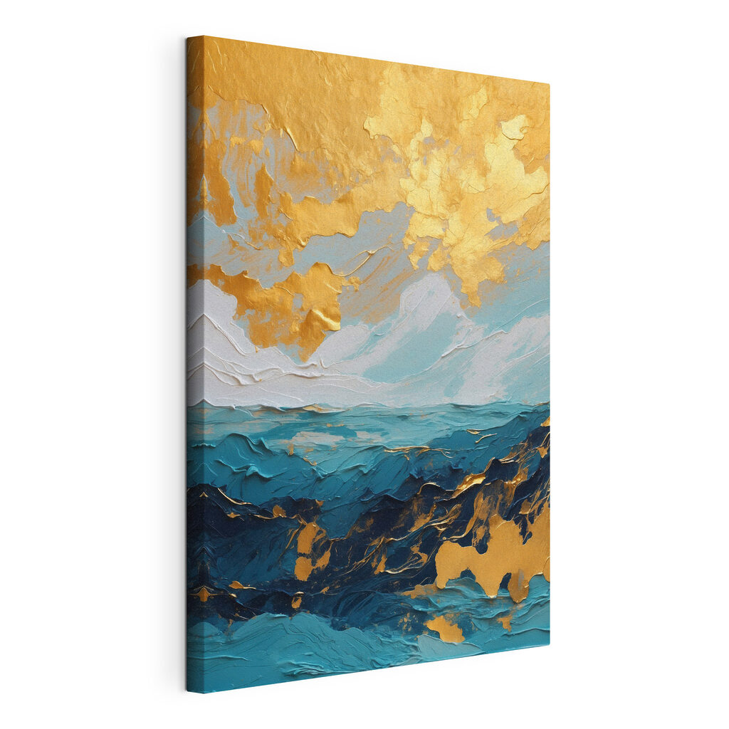 Céu dourado sobre azul-profundo, tela esticada e borda contínua