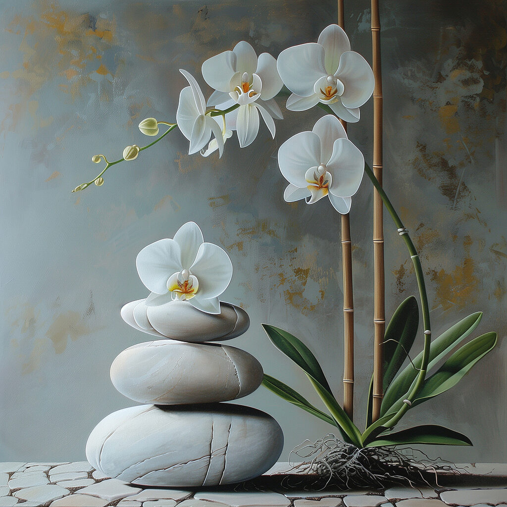 Orquídea sobre pedras empilhadas — design completo