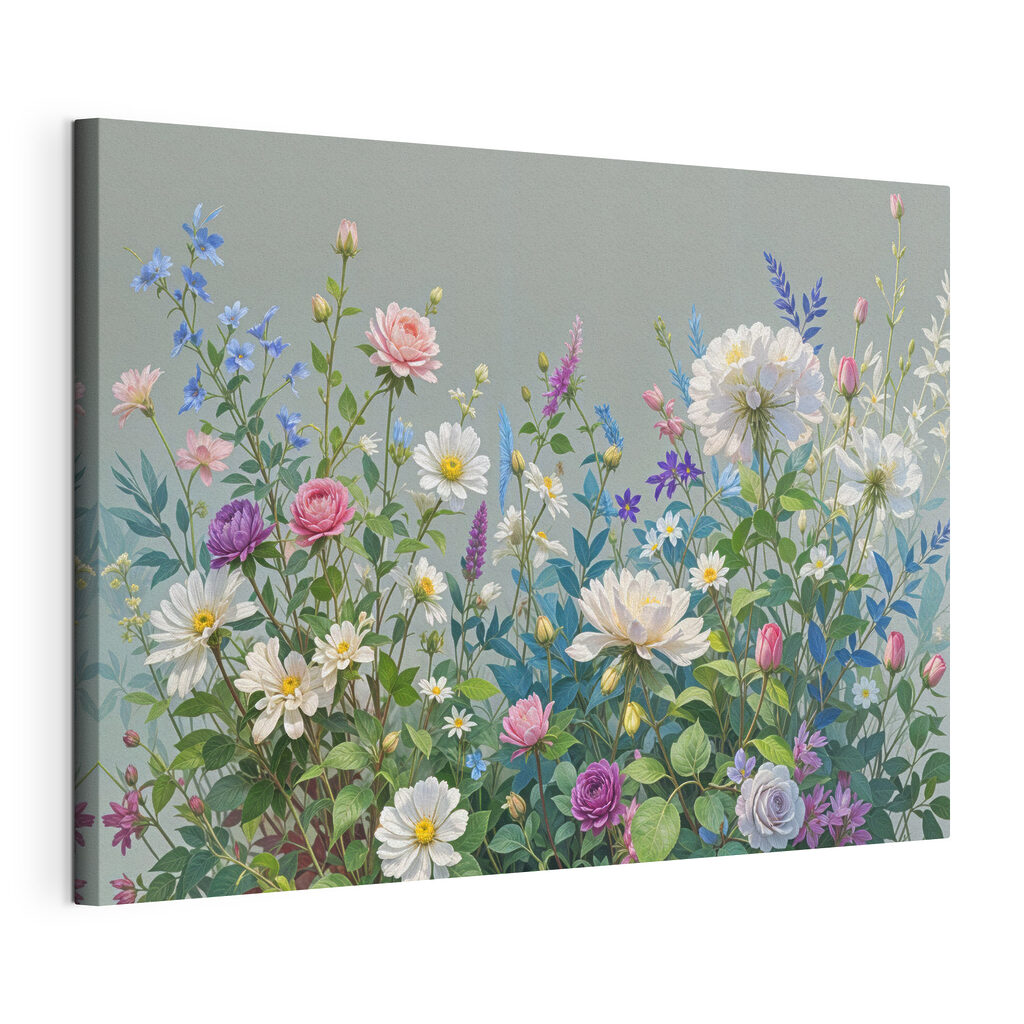 Prado de flores cinzento-esverdeado, tela esticada e borda contínua