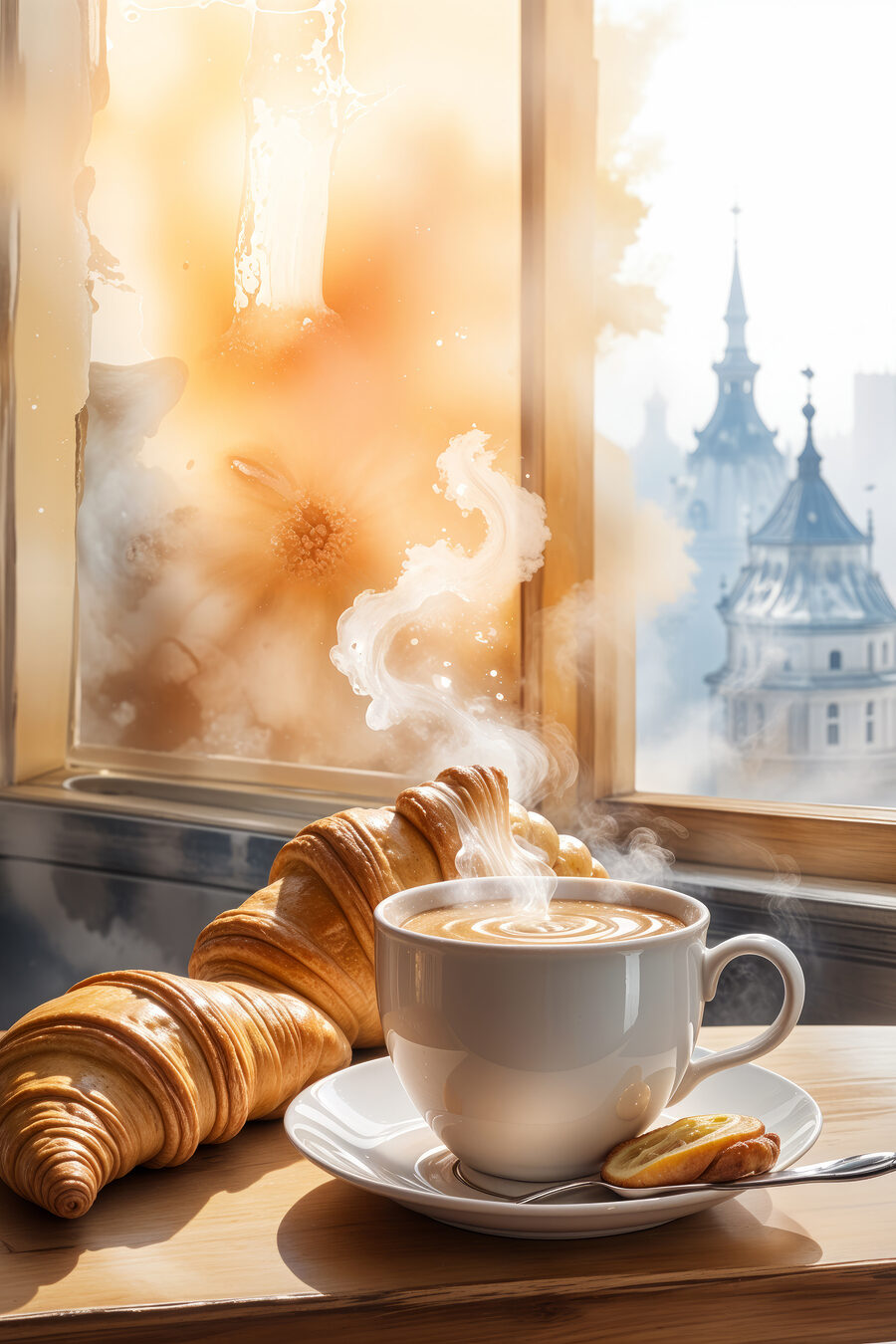 Croissants com café quente — design completo