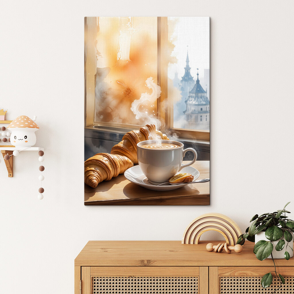 Croissants com café quente num interior