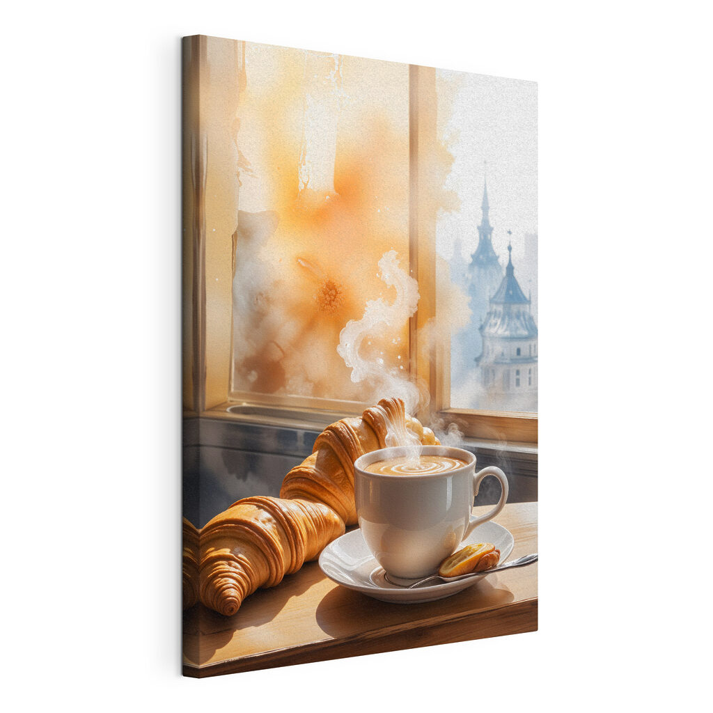 Croissants com café quente, tela esticada e borda contínua