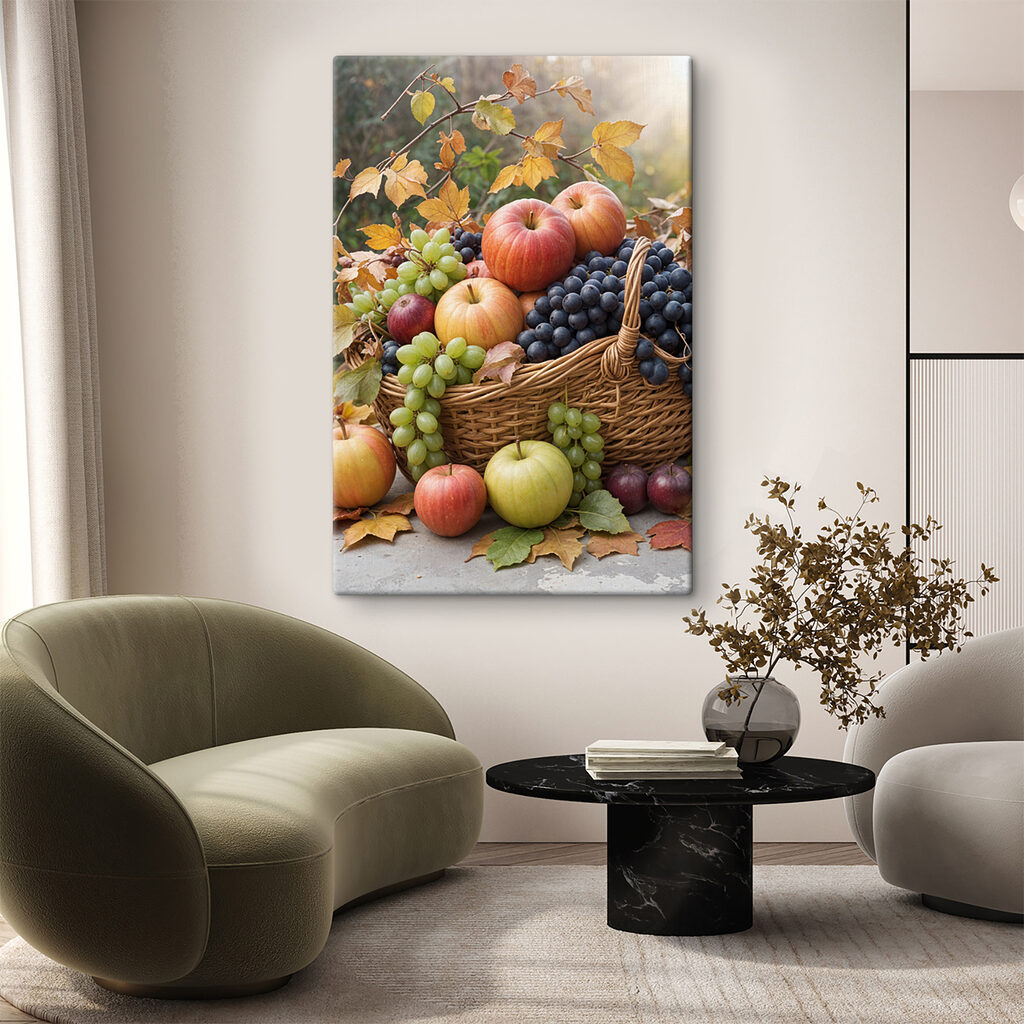Cesto de fruta outonal num interior