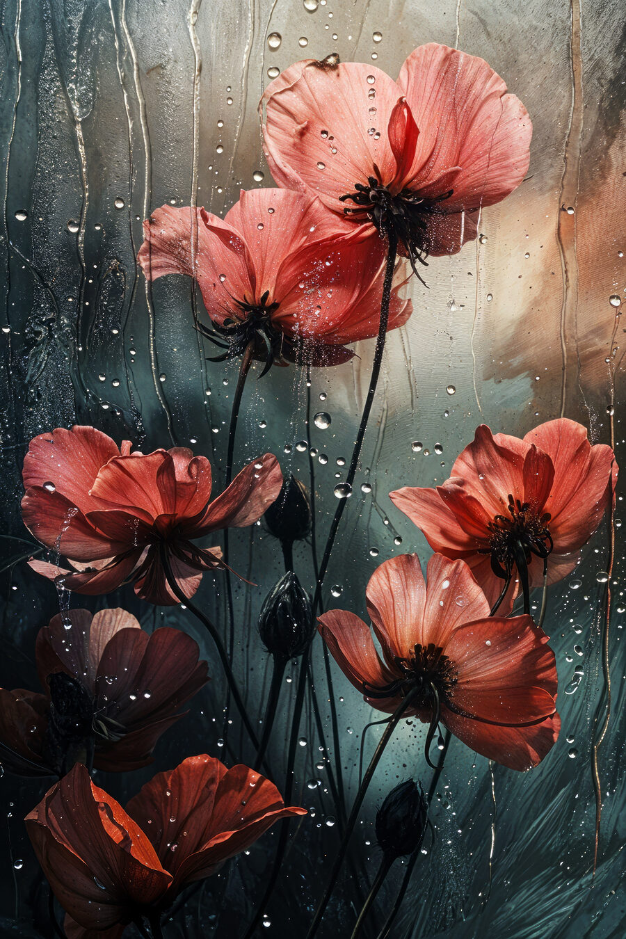 Flores vermelhas na chuva — design completo