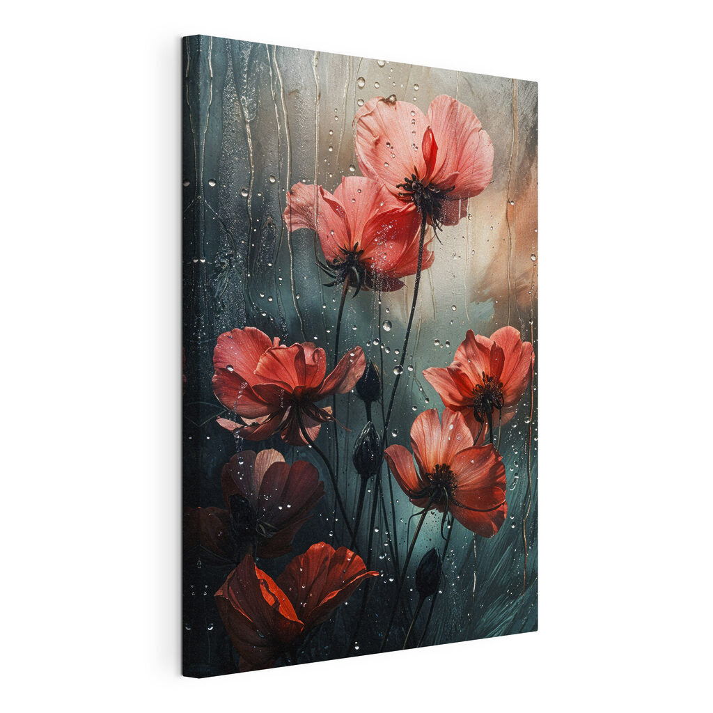 Flores vermelhas na chuva, tela esticada e borda contínua