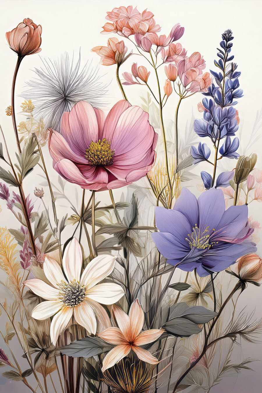 Flores silvestres em pastel — design completo