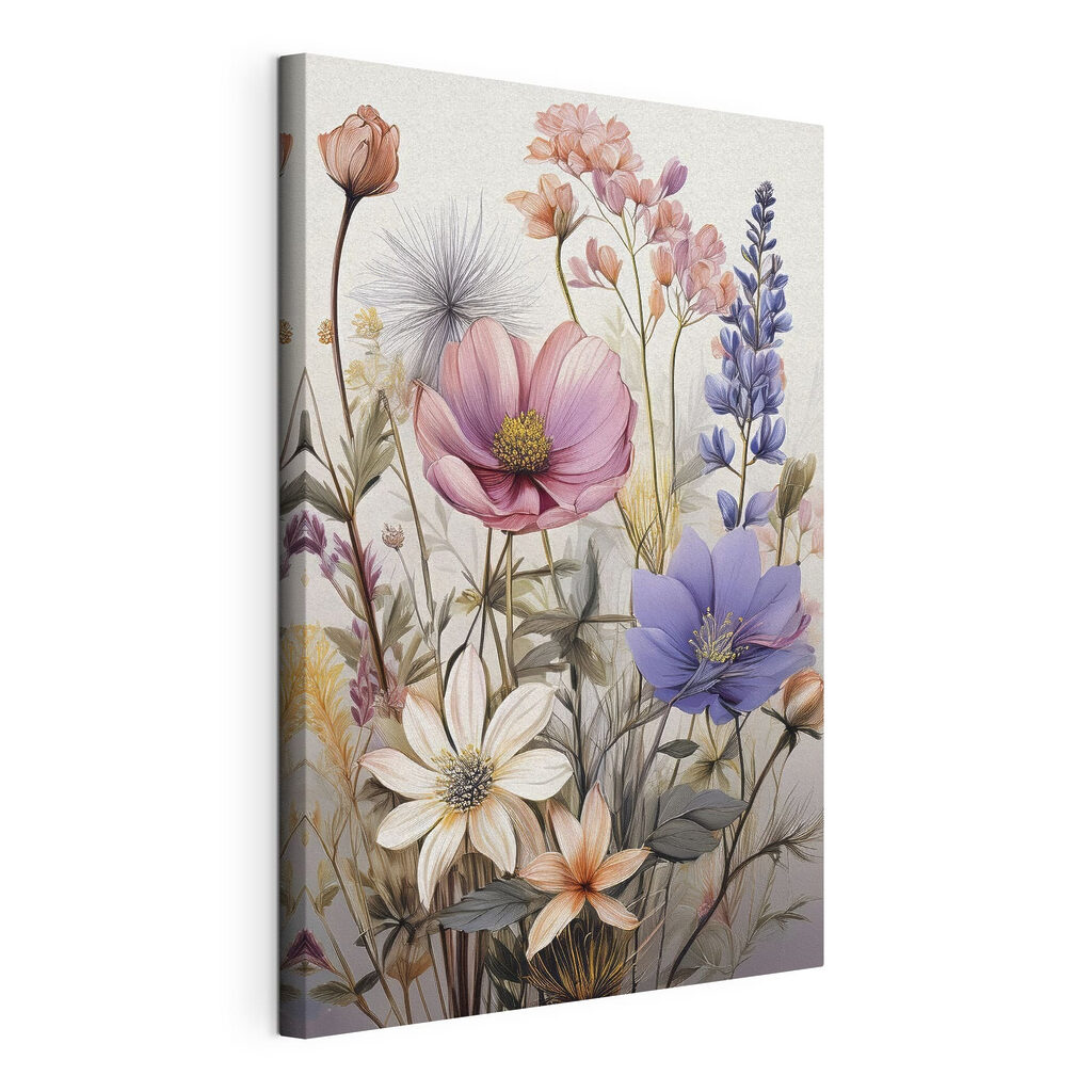Flores silvestres em pastel, tela esticada e borda contínua