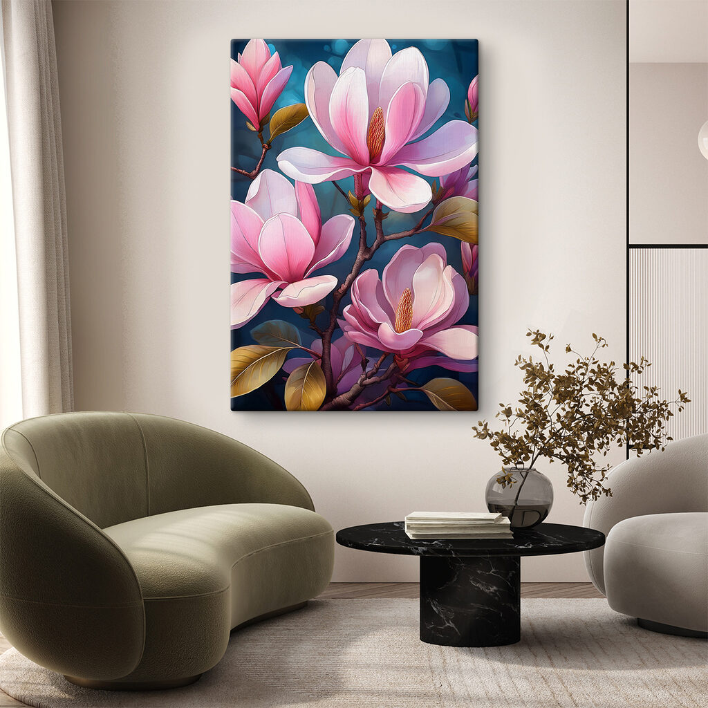 Magnólia rosa sobre azul-noite — interior 1