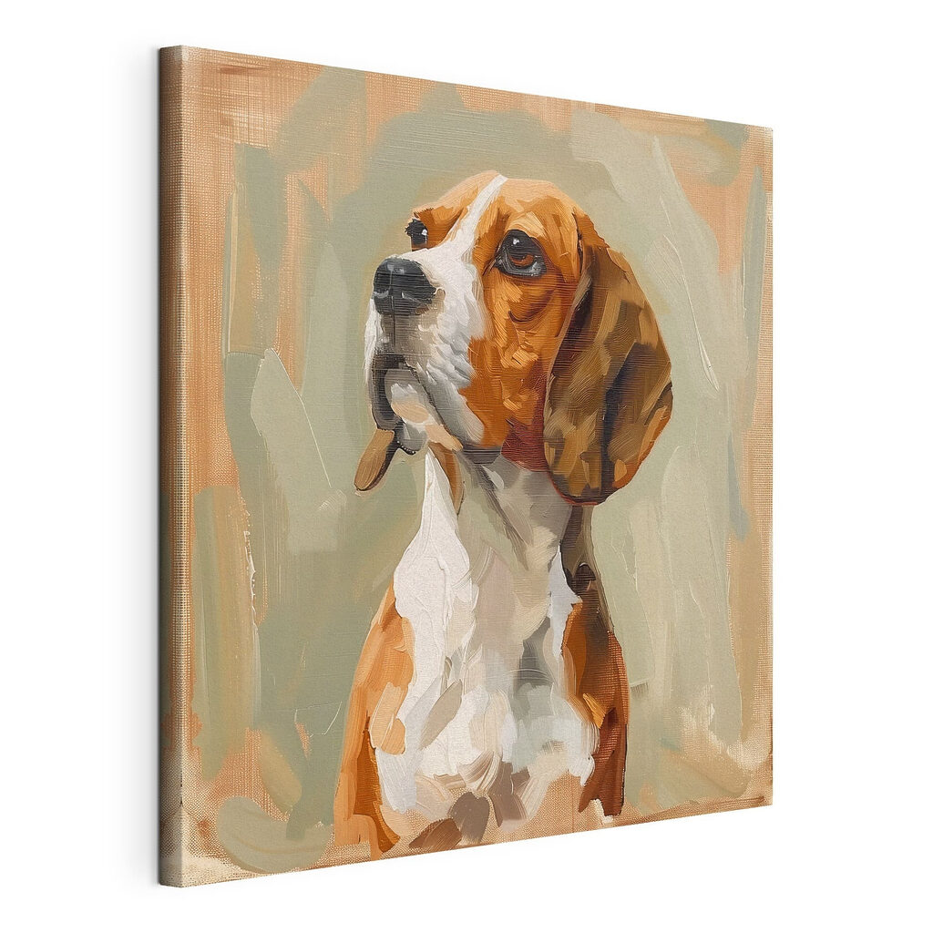 Beagle em pinceladas suaves, tela esticada e borda contínua