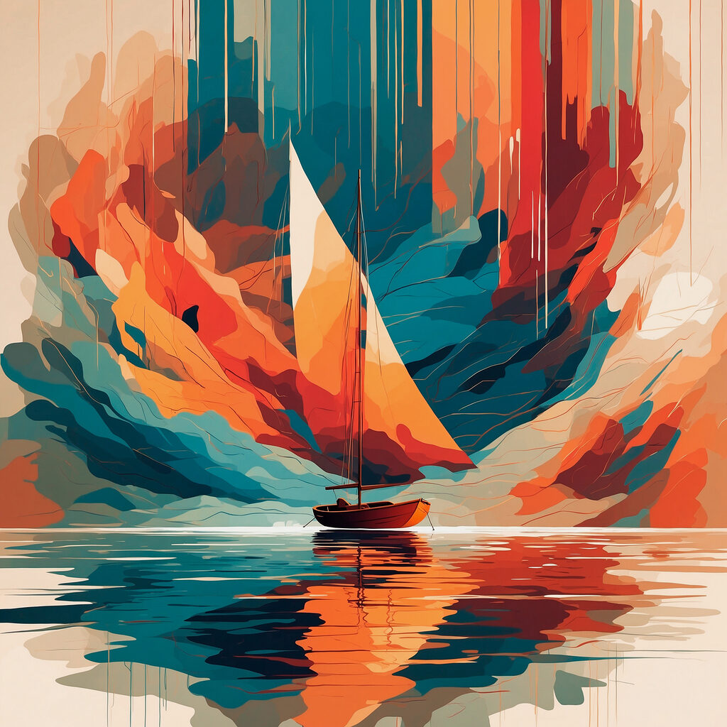 Veleiro entre falésias laranja — design completo