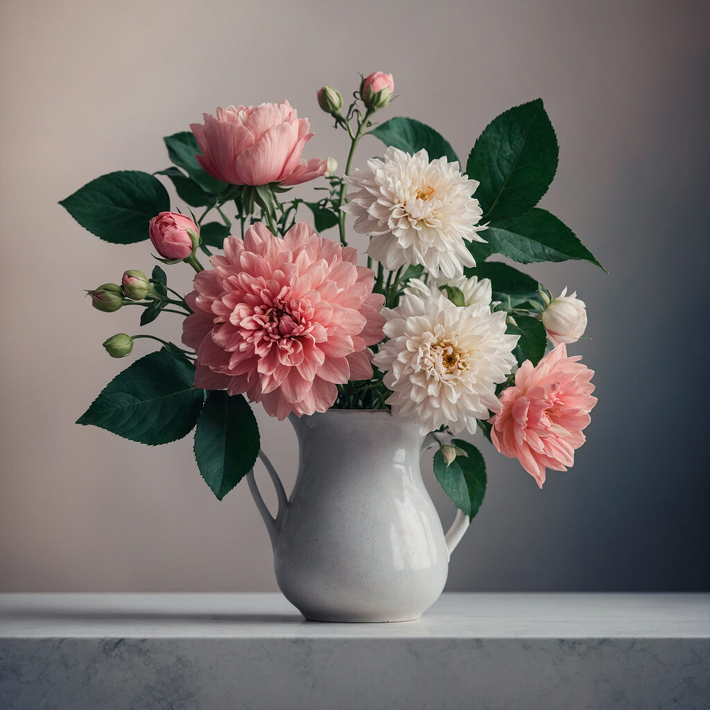 Flores num jarro cinzento — design completo