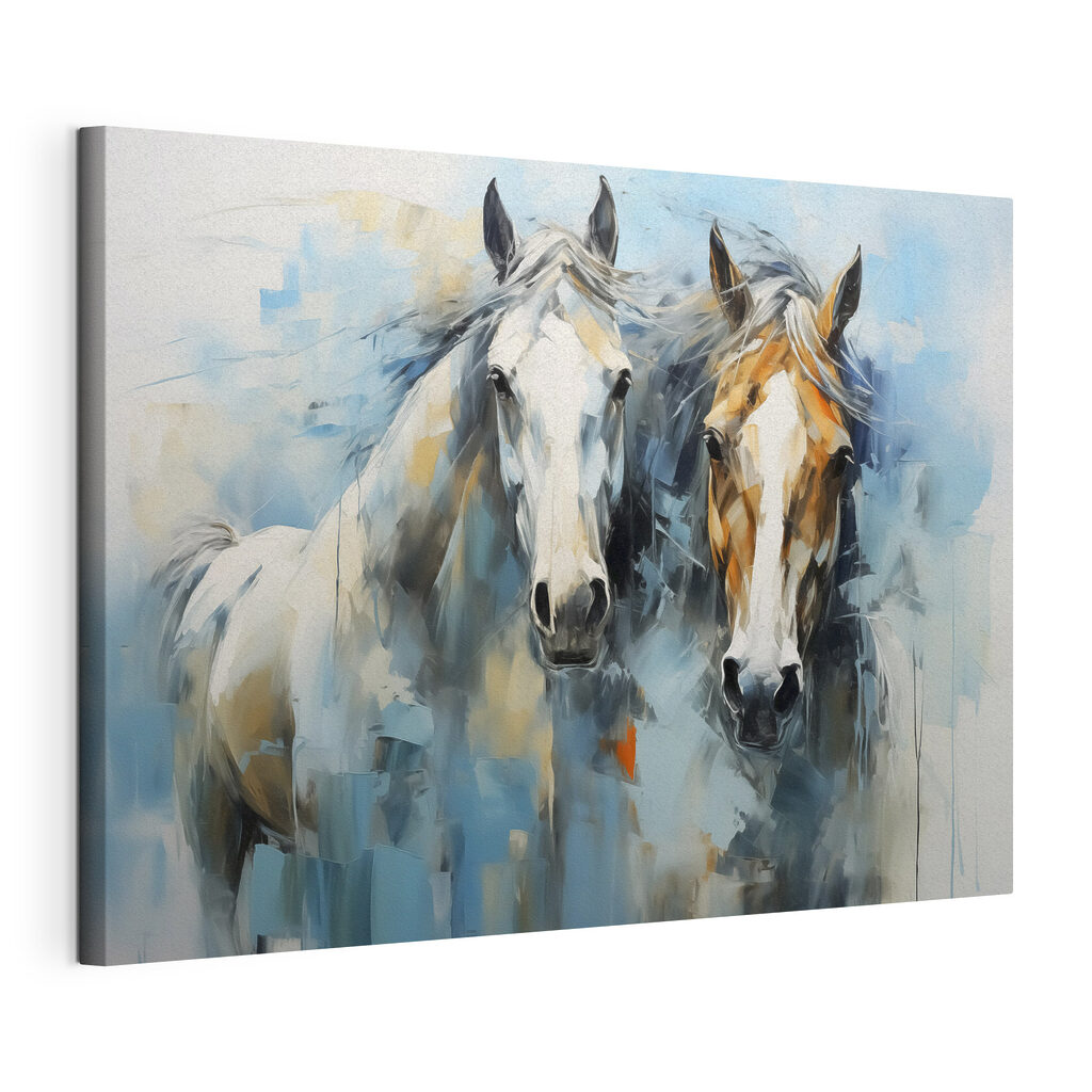Dois cavalos em azul, tela esticada e borda contínua