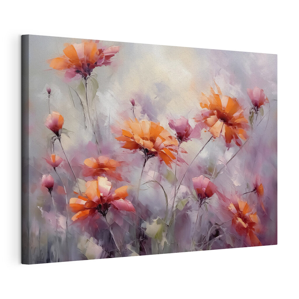 Flores cor de coral, tela esticada e borda contínua