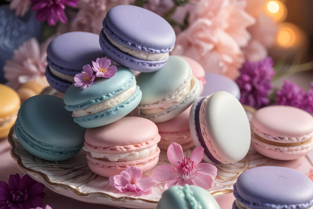 Macarons entre flores lilases — design completo