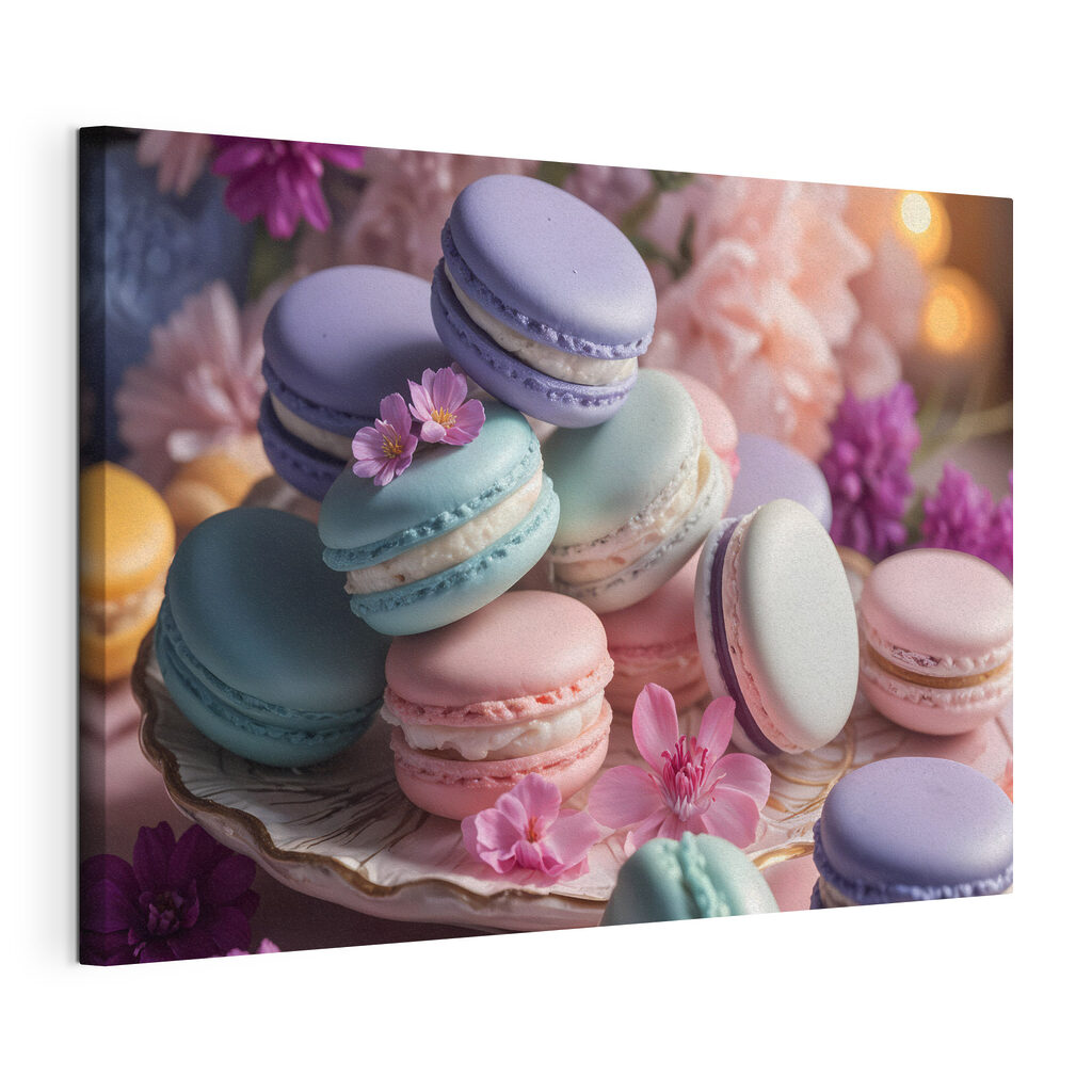 Macarons entre flores lilases, tela esticada e borda contínua