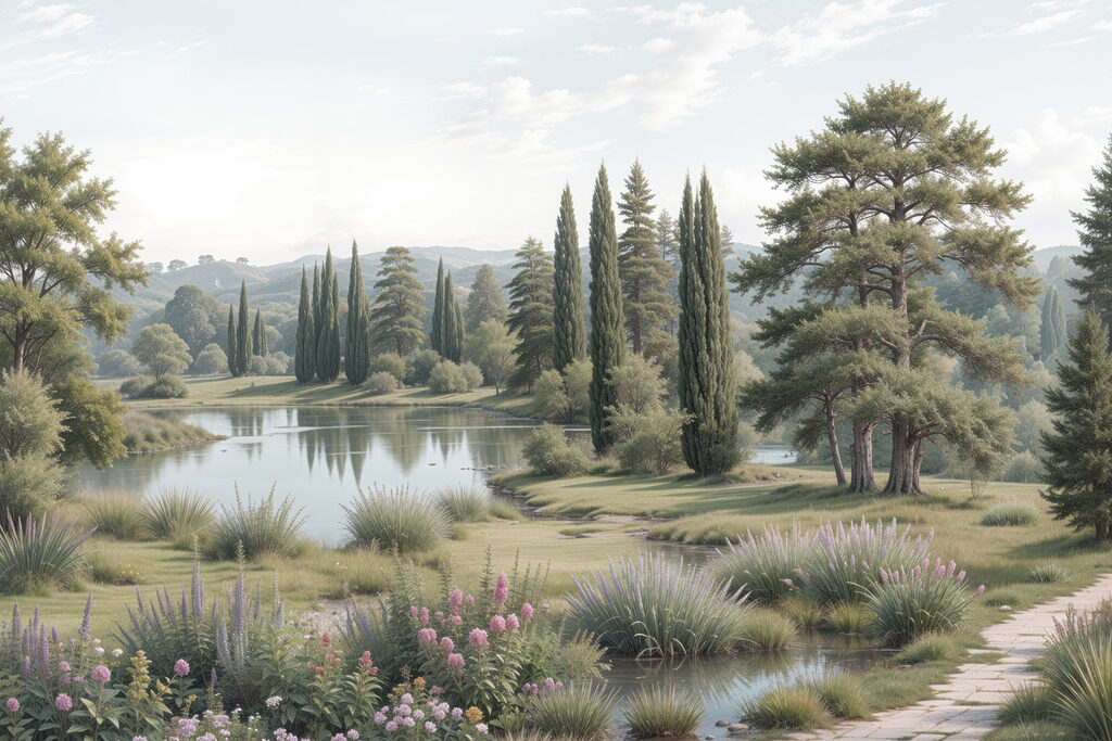 Ciprestes junto ao lago — design completo