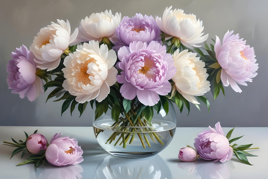 Peónias lilases em vidro — design completo