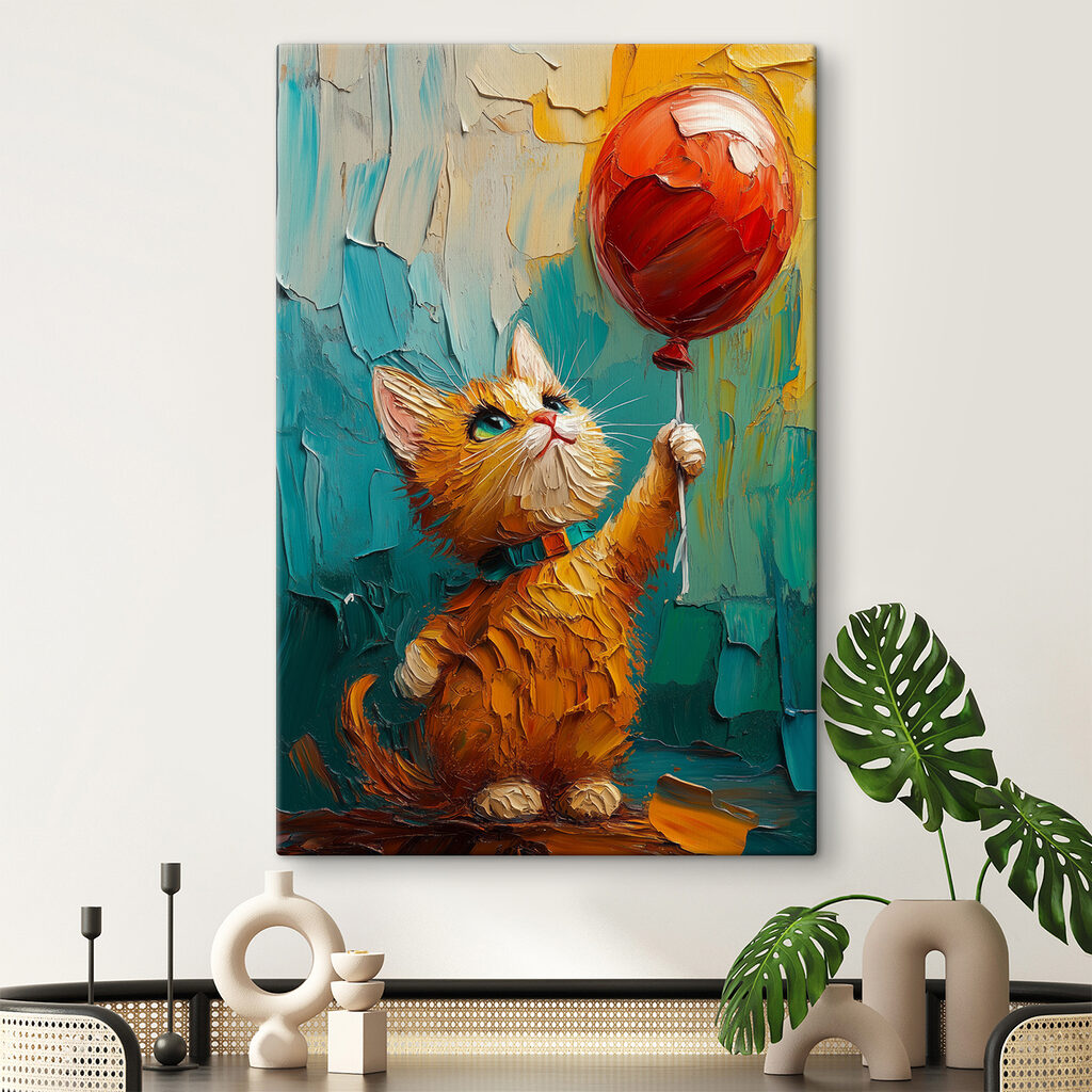 Gatinho com balão vermelho num interior