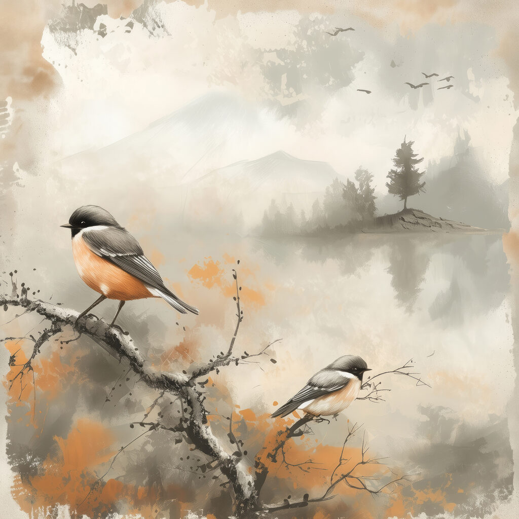 Aves sobre lago nevoento — design completo