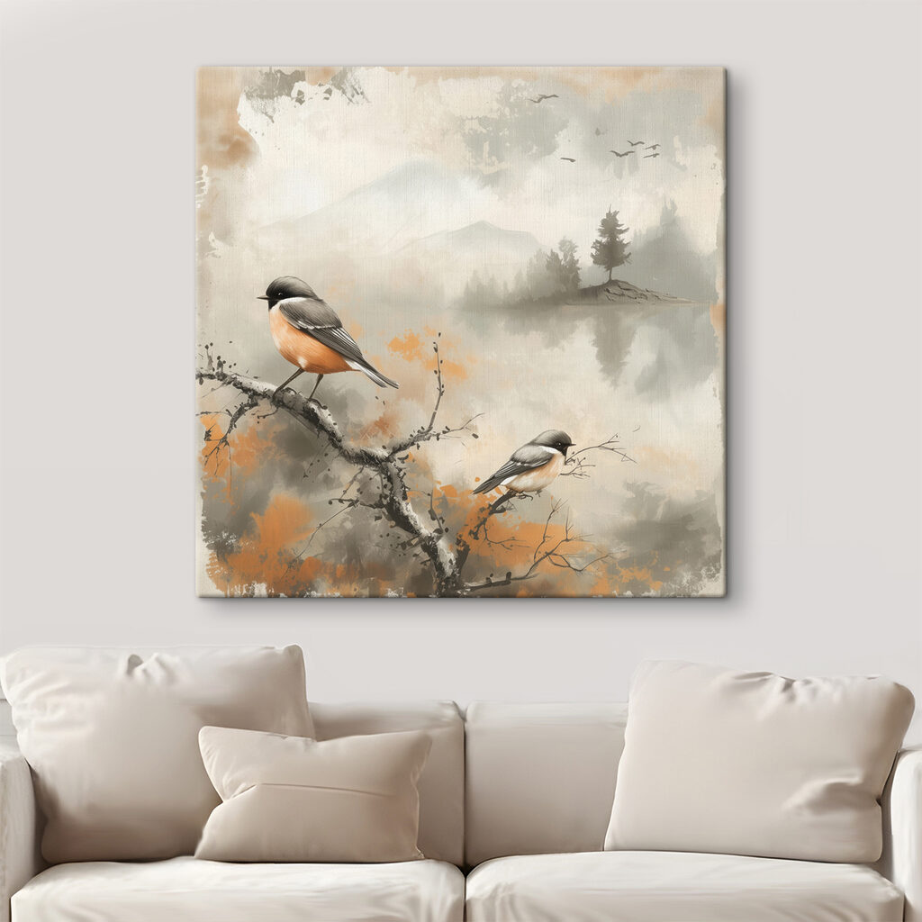Aves sobre lago nevoento num interior