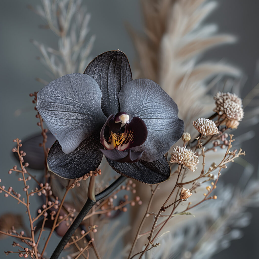 Orquídea escura entre penachos — design completo