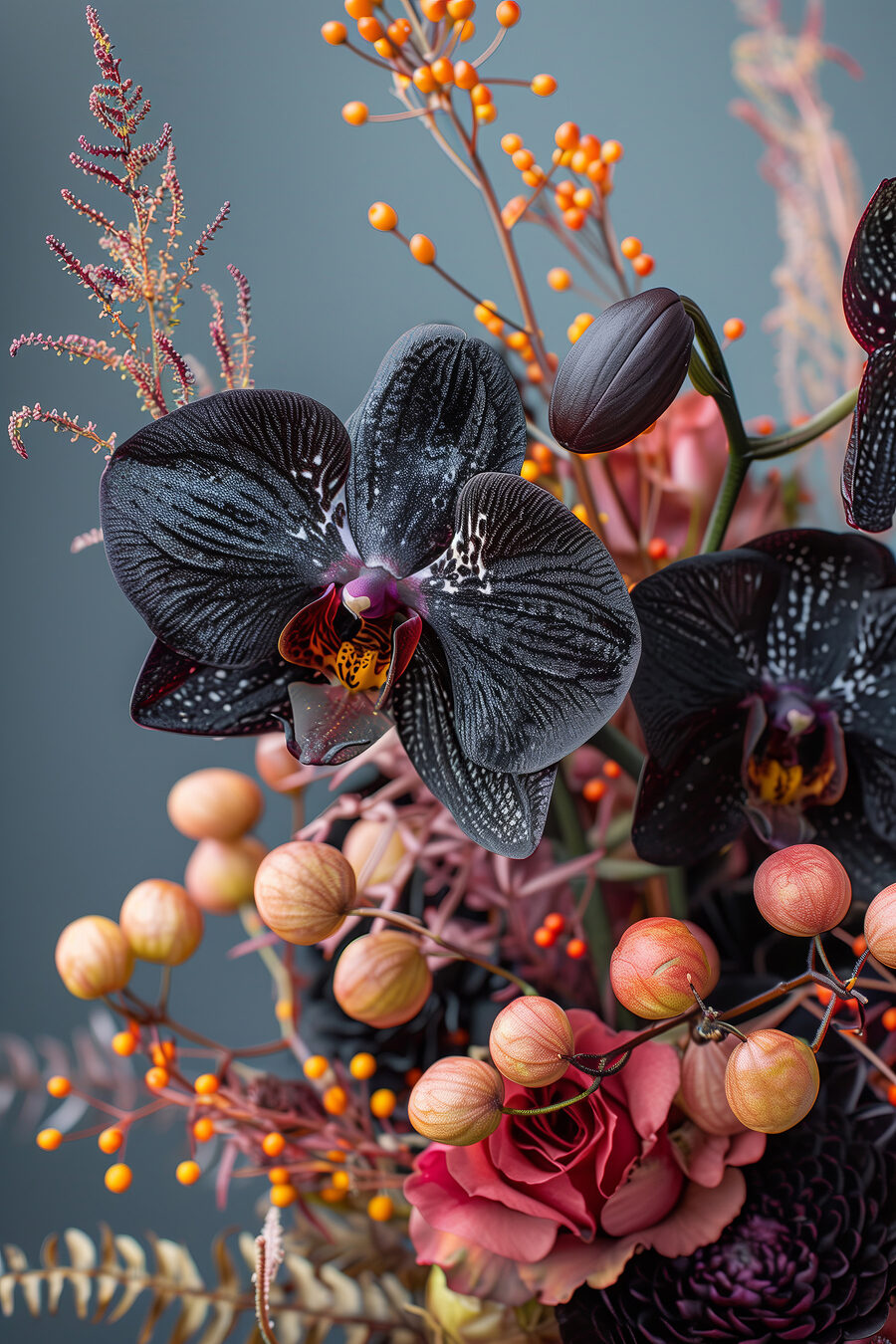 Orquídea preta entre bagas — design completo