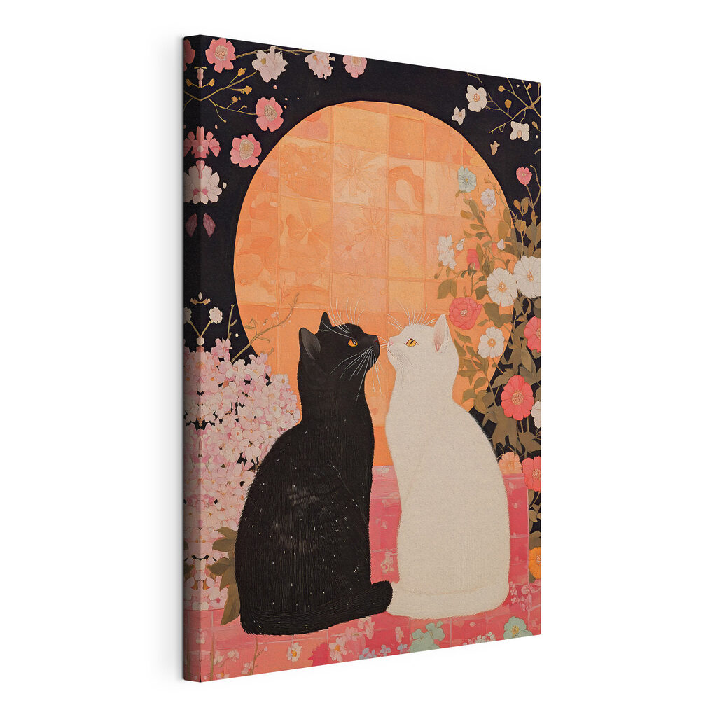Dois gatos entre flores, tela esticada e borda contínua