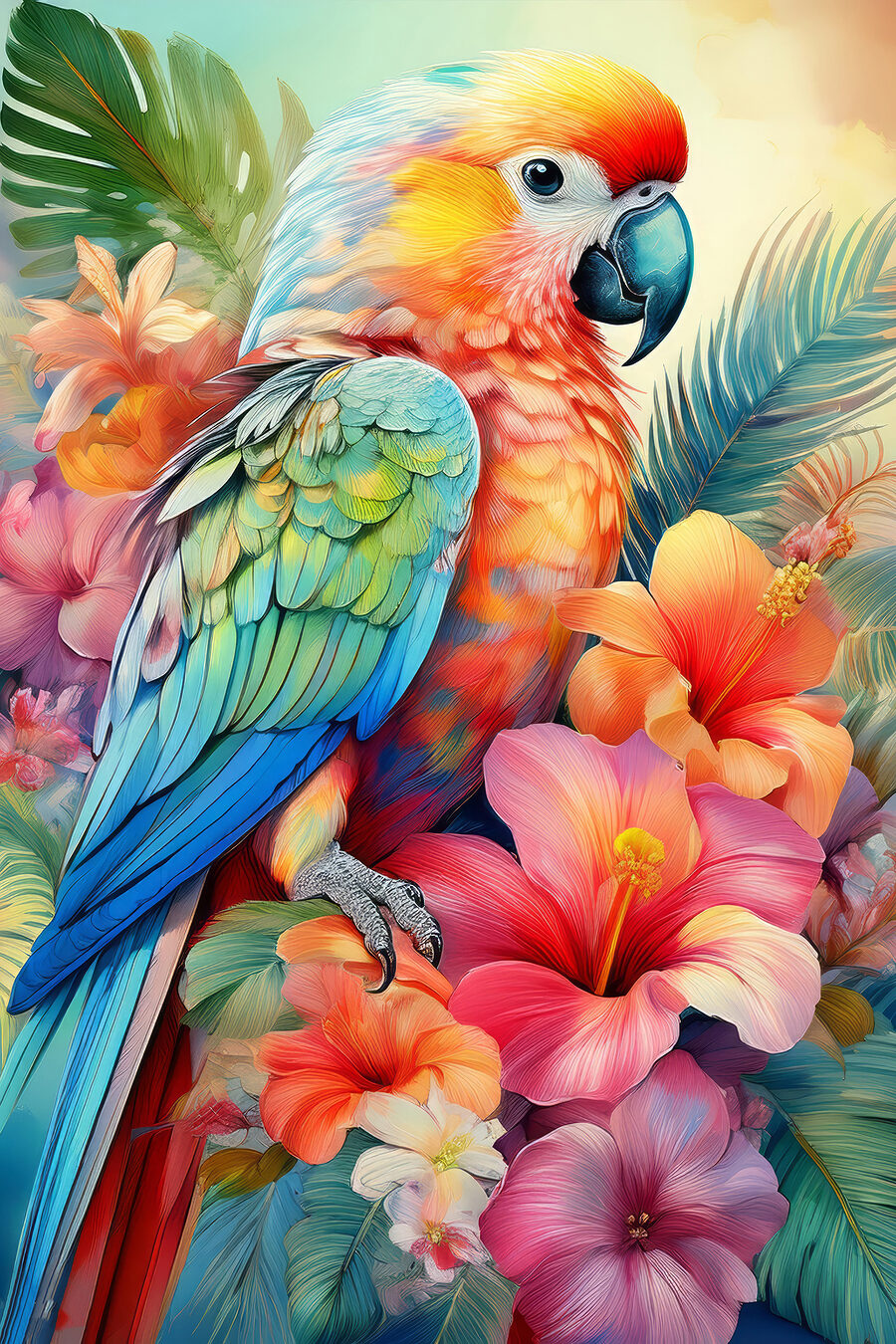 Papagaio entre flores tropicais — design completo