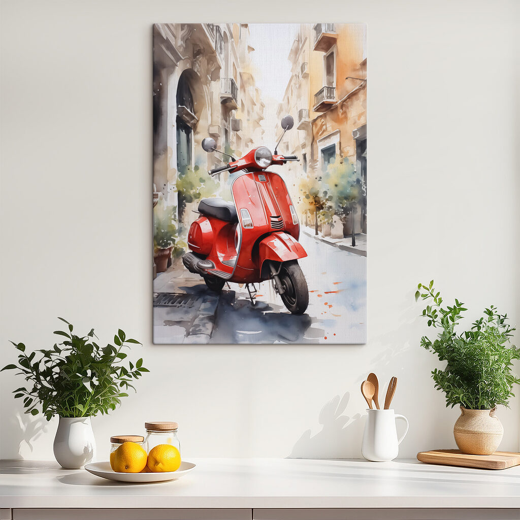 Motoreta vermelha em viela — interior 1