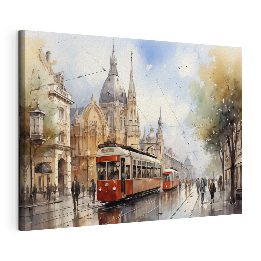 Elétrico vermelho na chuva, tela esticada e borda contínua