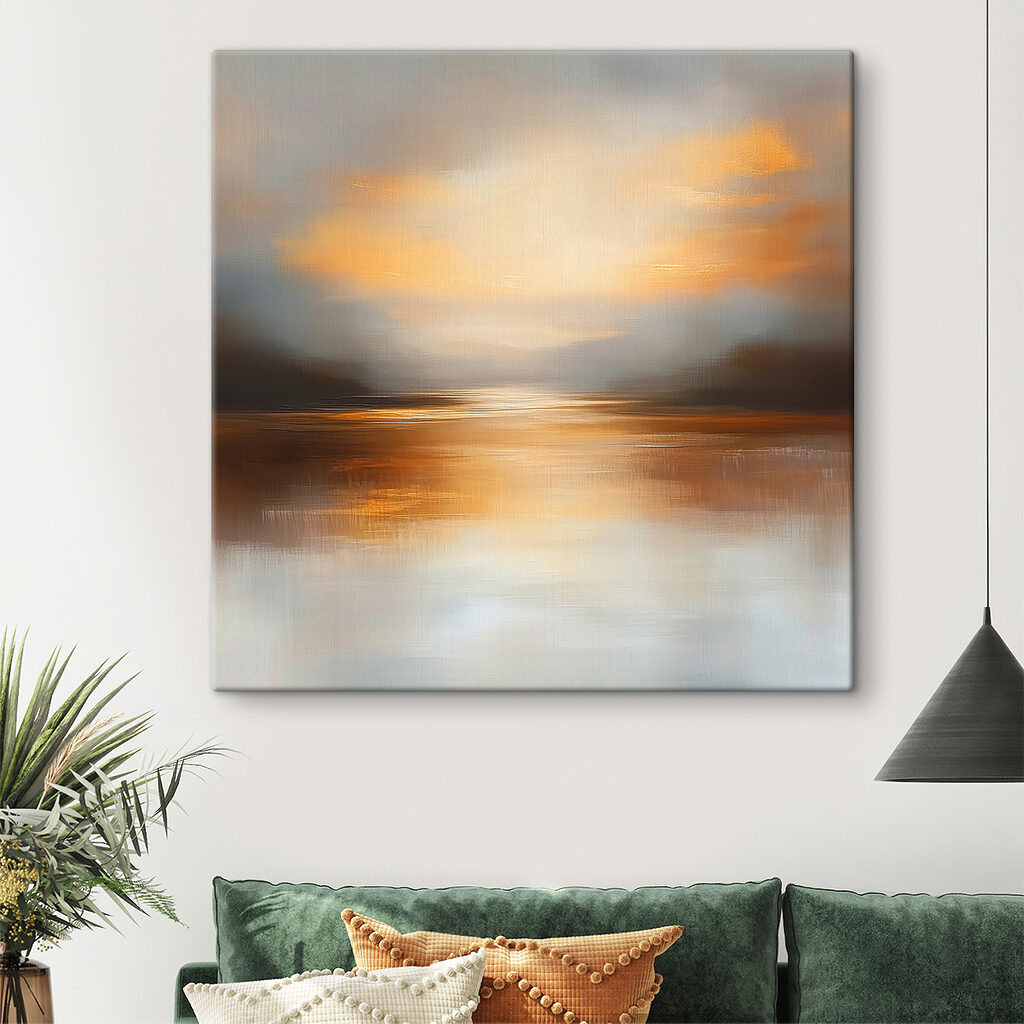 Entardecer dourado sobre água num interior