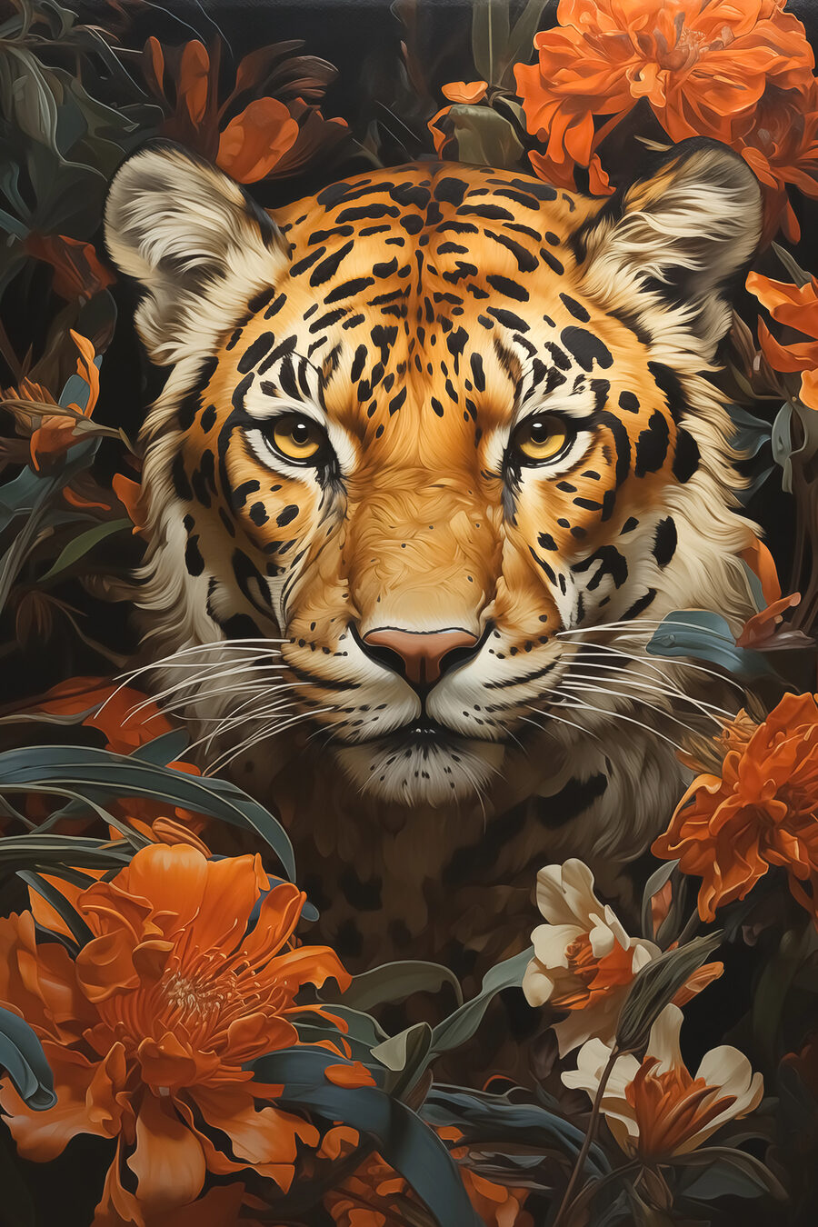 Tigre entre flores laranja — design completo