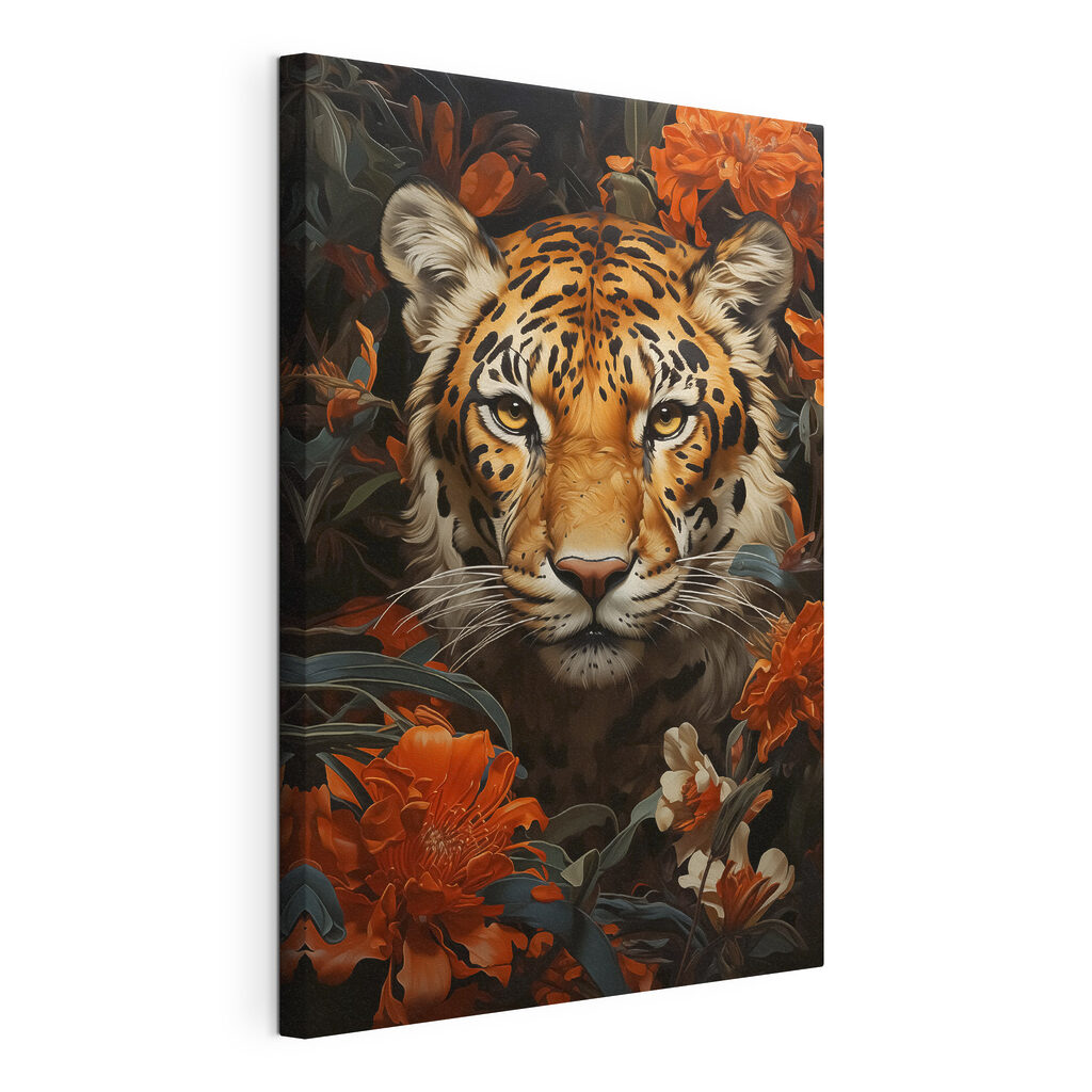 Tigre entre flores laranja, tela esticada e borda contínua