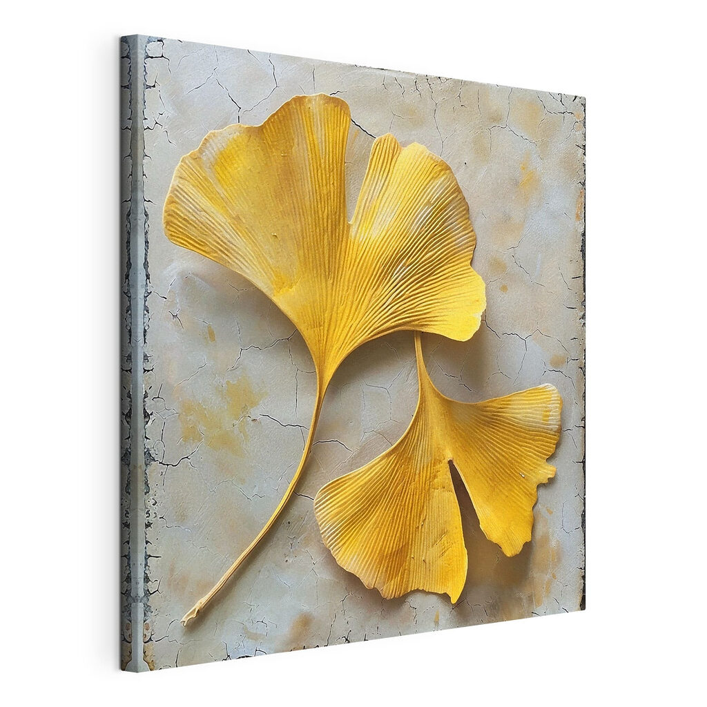 Ginkgo em leques dourados, tela esticada e borda contínua