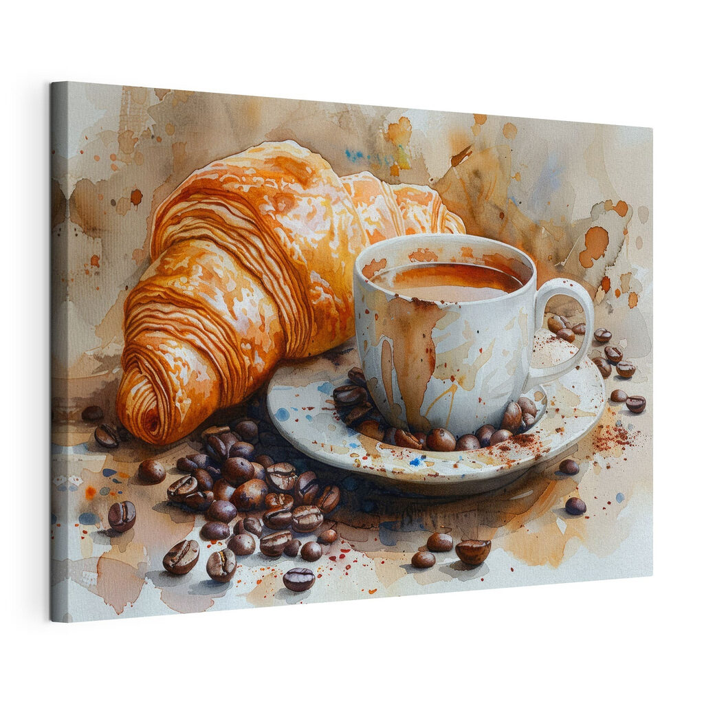 Croissant junto ao café, tela esticada e borda contínua