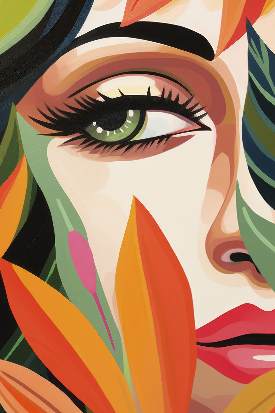 Olhar verde entre folhas — design completo