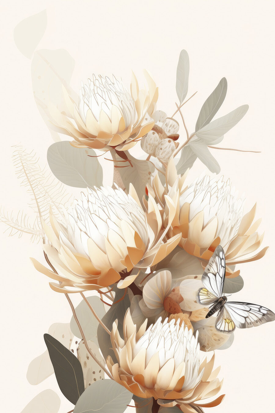 Proteas pálidas entre folhas — design completo